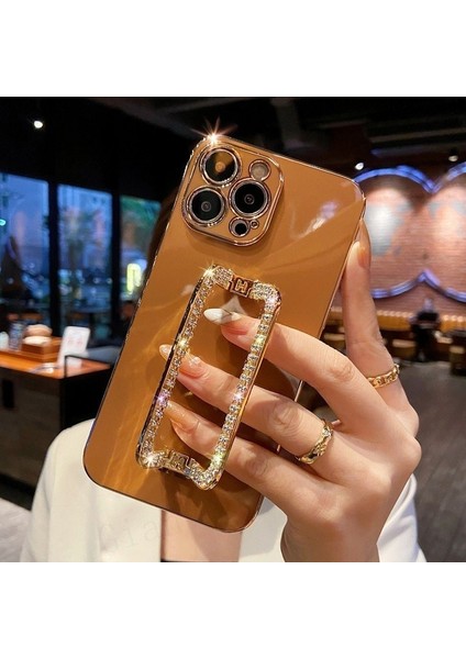 iPhone 12 Pro Max Için Tpu Telefon Kılıfı Yapay Elmas Dekor Dikdörtgen Kickstand Kılıf-Kahverengi (Yurt Dışından)
