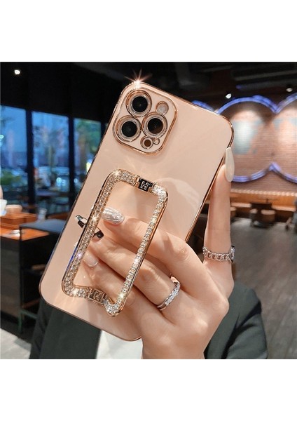 iPhone 12 Pro Max Için Tpu Telefon Kılıfı Yapay Elmas Dekor Dikdörtgen Kickstand Kılıf-Pembe (Yurt Dışından)