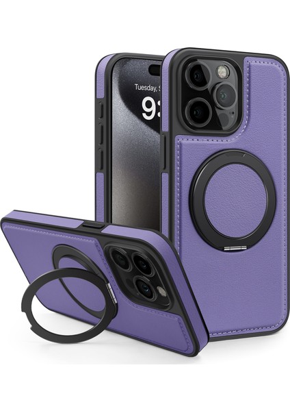 iPhone 14 Pro Için Arka Kapak Dönebilen Manyetik Halkalı Kickstand Pu Deri+Pc+Tpu Telefon Kılıfı-Mor (Yurt Dışından)