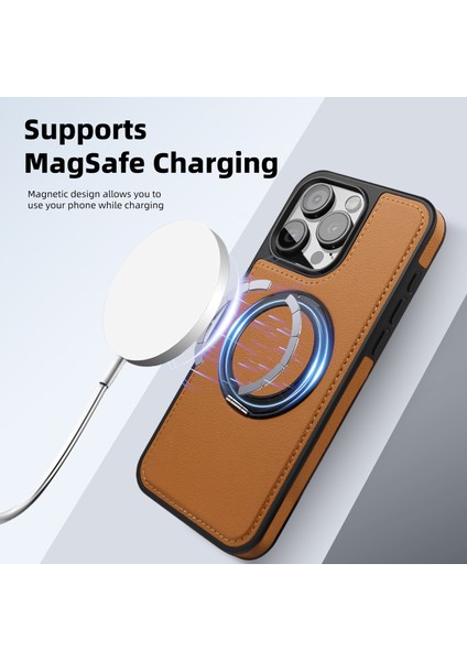 iPhone 14 Pro Için Arka Kapak Dönebilen Manyetik Halkalı Kickstand Pu Deri+Pc+Tpu Telefon Kılıfı-Mor (Yurt Dışından)