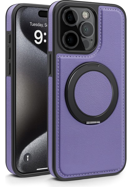 iPhone 14 Pro Için Arka Kapak Dönebilen Manyetik Halkalı Kickstand Pu Deri+Pc+Tpu Telefon Kılıfı-Mor (Yurt Dışından)