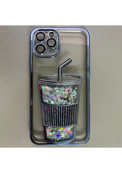 iPhone 15 Pro Için Sıvı Payet Tasarım Tpu Telefon Kılıfı Temperli Cam Arka Lensli Film-Mavi (Yurt Dışından)