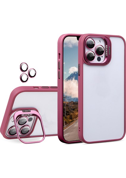 U1 iPhone 15 Pro Kılıf Için Tpu+Akrilik Kickstand Telefon Kılıfı, Cam Lensli Film-Şarap Kırmızısı (Yurt Dışından)