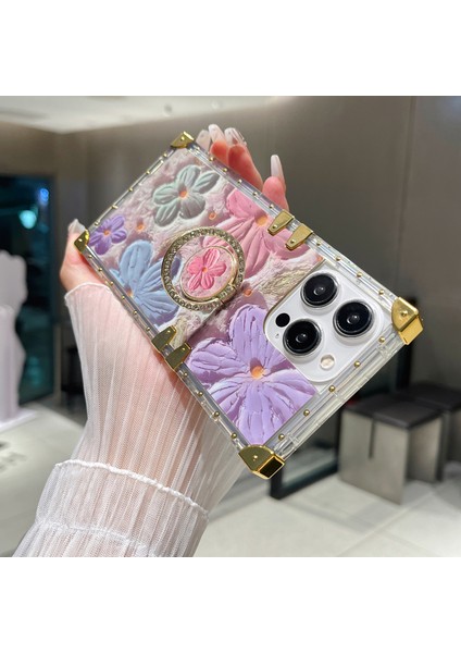 iPhone 13 Pro Için Metal Köşeler Tpu+Pc Kickstandlı Çiçek Desenli Telefon Kılıfı-Çok Renkli (Yurt Dışından) modelleri