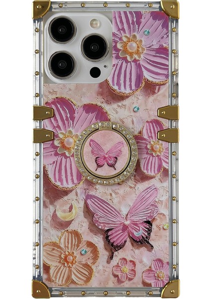 iPhone 13 Pro Için Metal Köşeler Tpu+Pc Çiçek Desenli Telefon Kılıfı ve Kickstand-Pembe (Yurt Dışından)