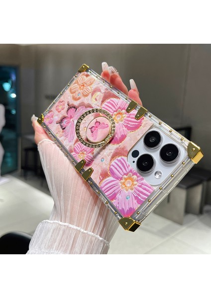 iPhone 13 Pro Için Metal Köşeler Tpu+Pc Çiçek Desenli Telefon Kılıfı ve Kickstand-Pembe (Yurt Dışından) modelleri