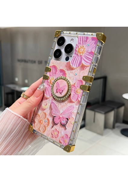iPhone 13 Pro Için Metal Köşeler Tpu+Pc Çiçek Desenli Telefon Kılıfı ve Kickstand-Pembe (Yurt Dışından) fırsatları