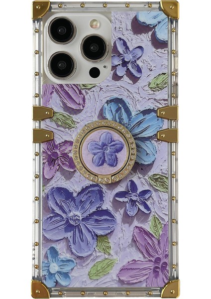 iPhone 13 Pro Için Metal Köşeler Tpu+Pc Çiçek Desenli Telefon Kılıfı Kickstand-Mor (Yurt Dışından)