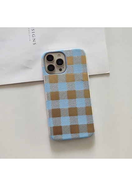 iPhone 15 Pro Için Tpu+Pu Deri Telefon Kılıfı Lake Izgara Desenli Telefon Kapağı Düşmeyi Önleyici Kabuk-Gök Mavisi (Yurt Dışından) fiyatları