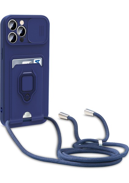iPhone 15 Pro Max Için Kılıf Kart Sahibi Pc+Tpu Telefon Kickstand Kapak Kordon-Safir (Yurt Dışından)