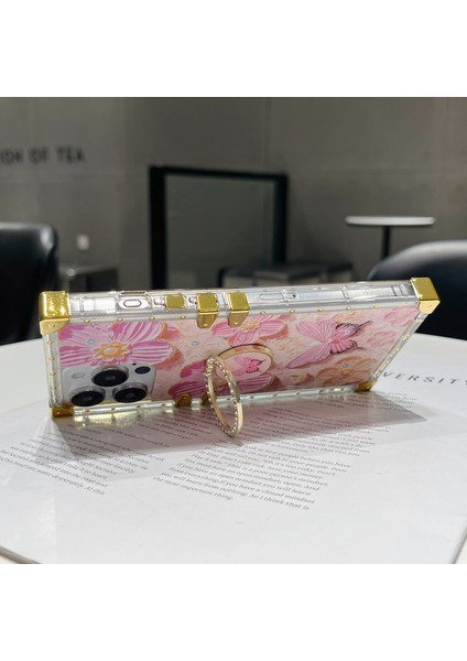 iPhone 15 Pro Max Için Çiçek Desenli Tpu+Pc Telefon Kılıfı Halkalı Kickstand-Pembe (Yurt Dışından) fiyatları