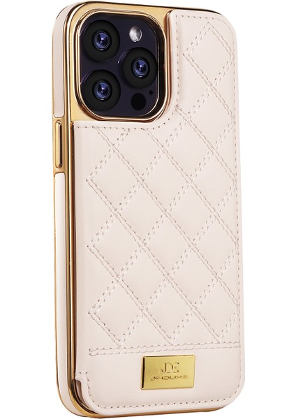 iPhone 13 Pro Kılıf Deri+Pc Kart Yuvaları Telefon Kapak Dikişi Eşkenar Dörtgen-Bej (Yurt Dışından)