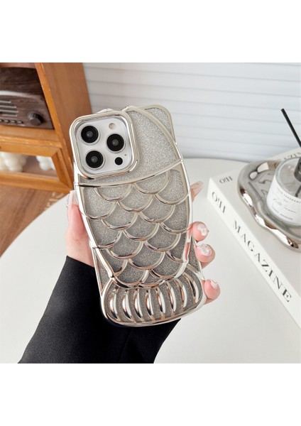 iPhone 13 Pro Kılıf Için Parlak Yumuşak Tpu Balık Şekli Galvanik Telefon Kapağı-Gümüş (Yurt Dışından)