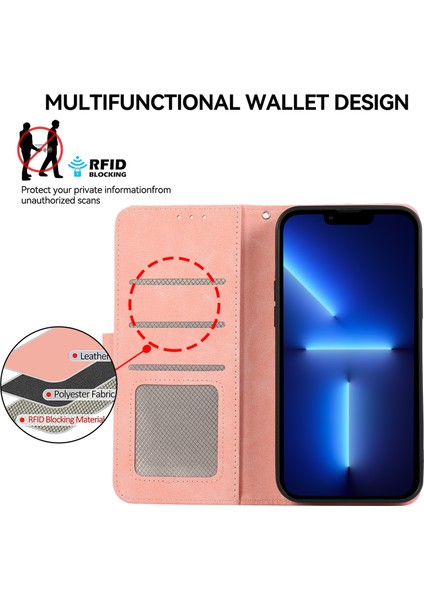 iPhone 13 Pro Için Cüzdan Kılıf Rfıd Engelleme Ekleme Renkli Deri Telefon Kapağı-Pembe (Yurt Dışından)