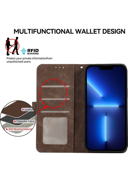 iPhone 13 Pro Için Cüzdan Kılıf Rfıd Engelleme Ekleme Renkli Deri Telefon Kapağı-Kahverengi (Yurt Dışından)