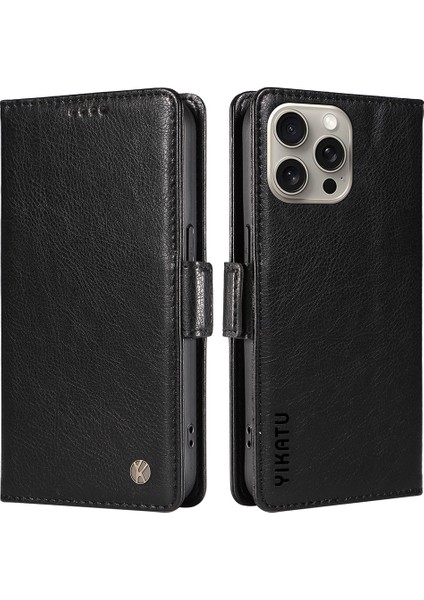 iPhone 15 Pro Max Kılıf Litchi Dokulu Deri Cüzdan Telefon Kılıfı-Siyah (Yurt Dışından)