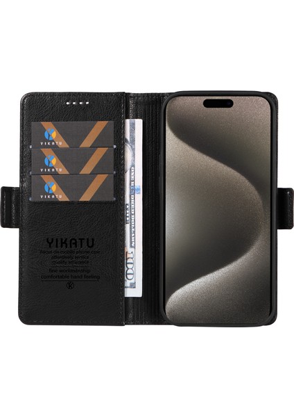 iPhone 15 Pro Max Kılıf Litchi Dokulu Deri Cüzdan Telefon Kılıfı-Siyah (Yurt Dışından)
