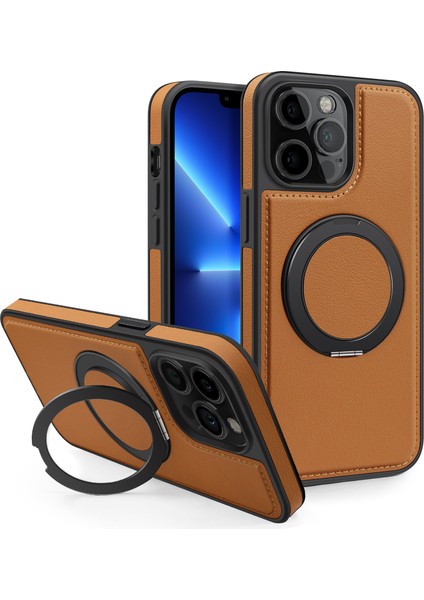 iPhone 13 Pro Max Kılıf Magsafe Deri+Pc+Tpu ile Uyumlu Kickstand Telefon Kılıfı-Kahverengi (Yurt Dışından)