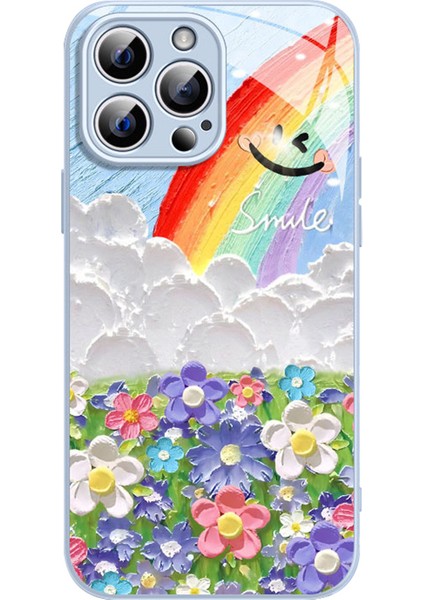 iPhone 13 Pro Kapak Smile Gökkuşağı Desenli Tpu+Temperli Cam Telefon Kapağı-Mavi (Yurt Dışından)
