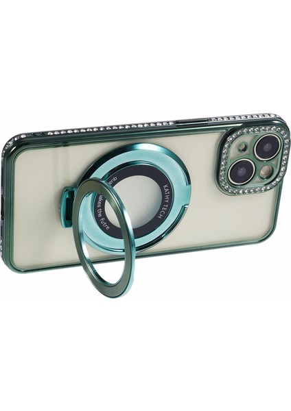 IPhone 14 Kılıf Için Tpu Rhinestones Dekor Pc Halka Kickstand Cep Telefonu Koruyucu-Gece Yarısı Yeşil (Yurt Dışından) modelleri