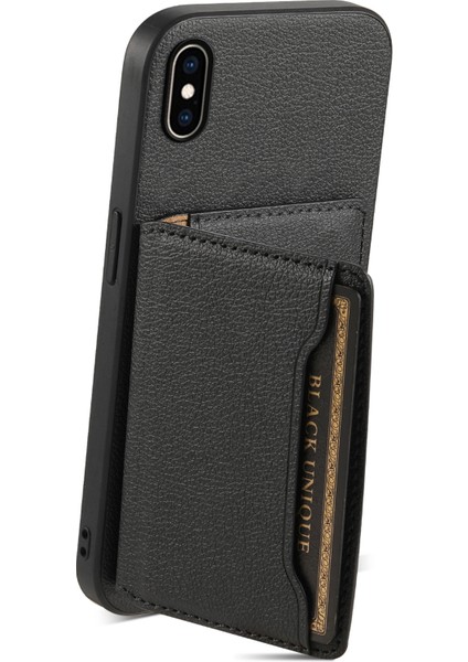 iPhone Xs Max Kılıf Kart Tutucu Ultra Ince Pu Deri+Pc+Tpu Telefon Kapağı-Siyah (Yurt Dışından)