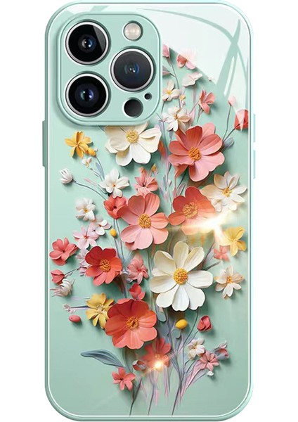 iPhone 12 Pro Için Çiçek Kılıfı Temperli Cam Arka Tpu Çerçeve Telefon Kapağı-Açık Yeşil (Yurt Dışından)