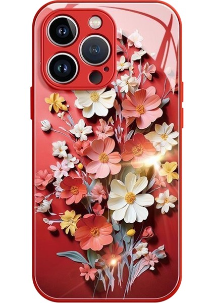 iPhone 12 Pro Için Çiçek Kılıfı Temperli Cam Arka Tpu Çerçeve Telefon Kapağı-Kırmızı (Yurt Dışından)