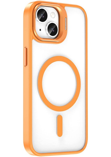 iPhone 14 Uyumlu App Kılıf Magsafe Şarj Özellikli Standlı Zore Magsafe Klon Lensli Kapak-Turuncu