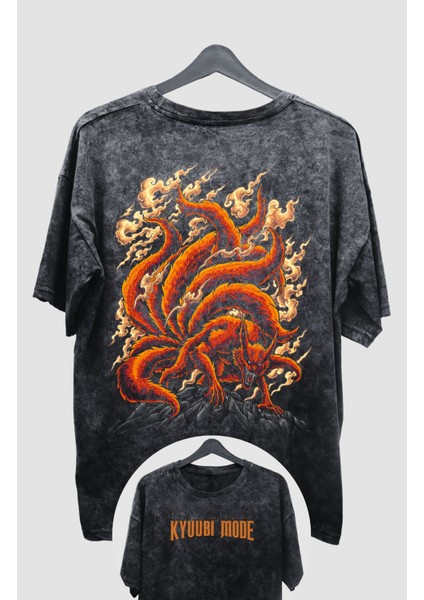 Oversize Naruto Kurama Ex2 Sırt Baskılı Yıkamalı T-Shirt, Unisex Anime Baskılı Vintage Tişört