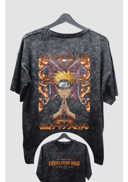 Oversize Uzumaki Naruto V2 Sırt Baskılı Yıkamalı T-Shirt, Unisex Anime Baskılı Retro Tişört