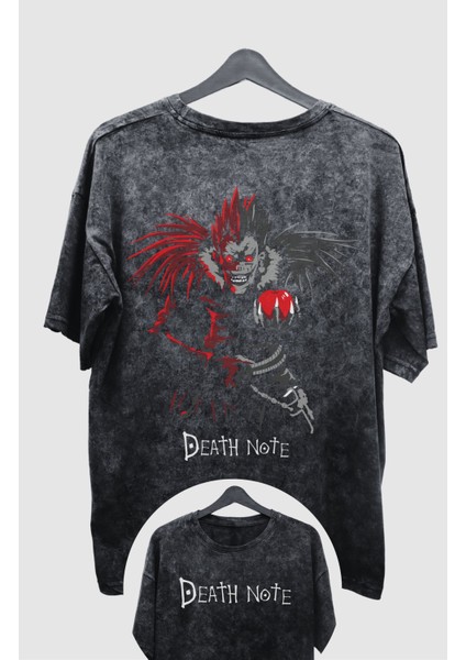 Oversize Death Note Sırt Baskılı Yıkamalı T-Shirt, Anime Baskılı Vintage Tişört
