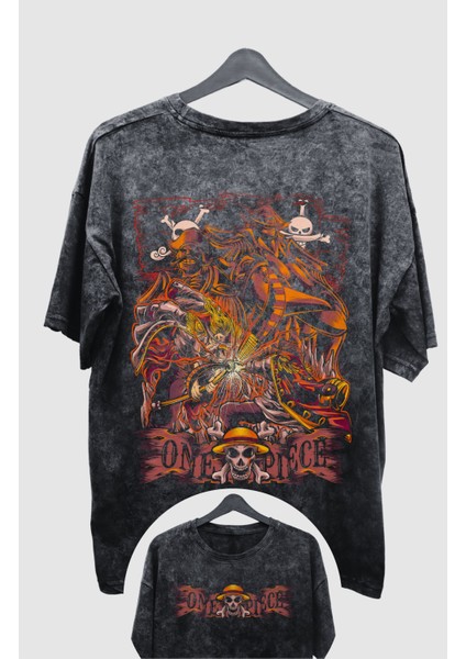 Oversize One Piece Roger Vs White Beard Sırt Baskılı Yıkamalı T-Shirt, Anime Eskitme Tişört