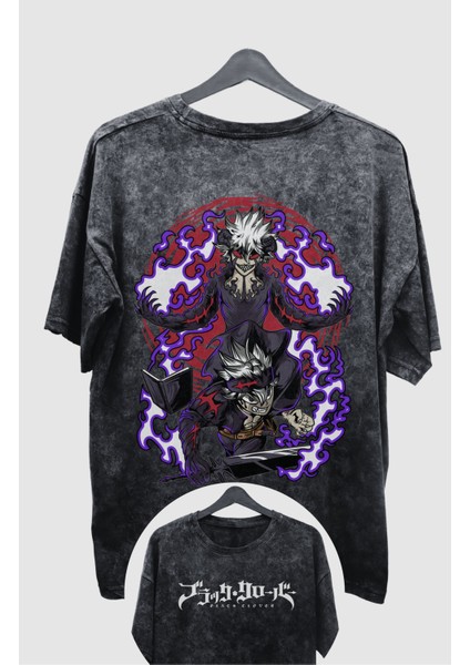 Oversize Black Clover Asta V4 Sırt Baskılı Yıkamalı T-Shirt, Anime Baskılı Eskitme Tişört