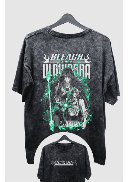 Oversize Bleach Ulquiorra Schiffer Sırt Baskılı Yıkamalı T-Shirt, Unisex Anime Eskitme Tişört