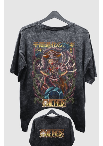 Oversize One Piece Buggy Sırt Baskılı Yıkamalı T-Shirt, Unisex Anime Baskılı Vintage Tişört