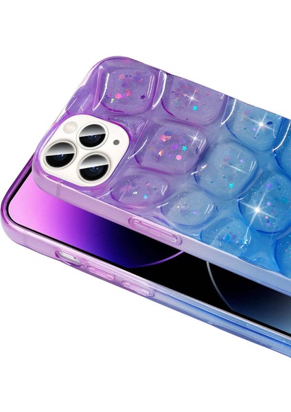 Appfube iPhone 14 Pro Max Uyumlu App Kılıf Simli 3D Desenli Zore Hacar Kapak-Pembe-Mavi