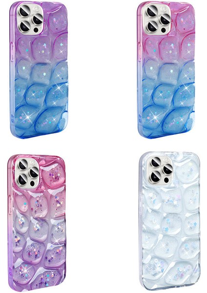 Appfube iPhone 14 Pro Max Uyumlu App Kılıf Simli 3D Desenli Zore Hacar Kapak-Pembe-Mavi