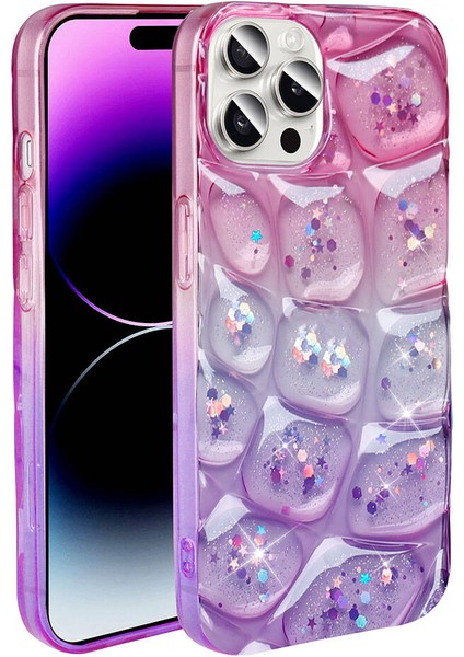 Appfube iPhone 14 Pro Max Uyumlu App Kılıf Simli 3D Desenli Zore Hacar Kapak-Pembe-Mavi