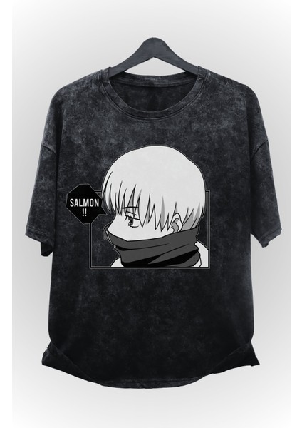 Oversize Jjk Toge Inumaki Baskılı Yıkamalı T-Shirt, Unisex Anime Baskılı Retro Tişört