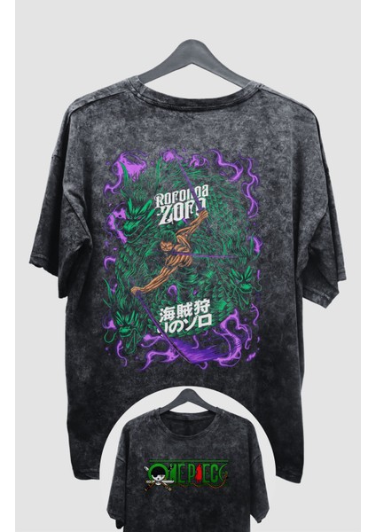 Oversize One Piece Zoro Ex2 Sırt Baskılı Yıkamalı T-Shirt, Unisex Anime Baskılı Vintage Tişört