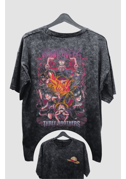 Oversize Luffy Ace Sabo Sırt Baskılı Yıkamalı T-Shirt, Unisex Anime Baskılı Vintage Tişört