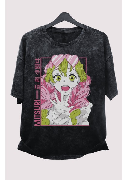 Oversize Demon Slayer Mitsuri Baskılı Yıkamalı T-Shirt, Unisex Anime Baskılı Eskitme Tişört