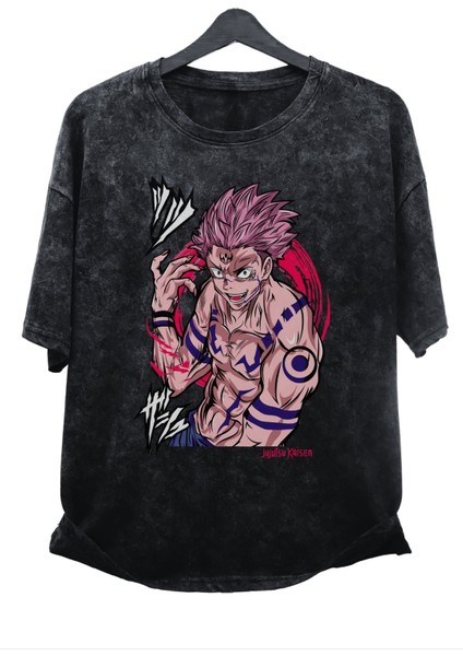 Oversize Jujutsu Kaisen Sukuna V3 Baskılı Yıkamalı T-Shirt, Anime Baskılı Eskitme Tişört