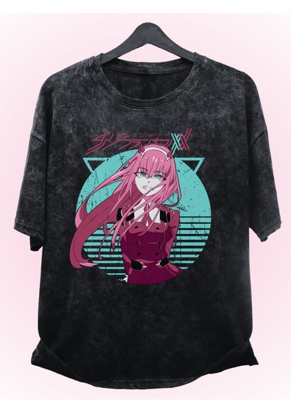 Oversize Zero Two V3 Baskılı Yıkamalı T-Shirt, Unisex Anime Baskılı Eskitme Tişört