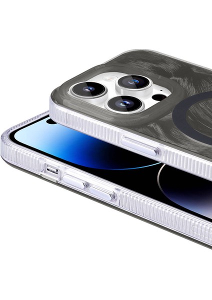 Appfube iPhone 14 Pro Max Uyumlu App Kılıf Magsafe Şarj Özellikli Fırça Boya Desenli Zore Palet Kapak-Pembe