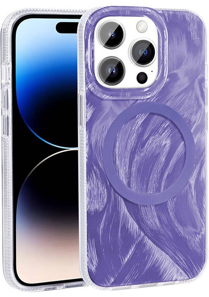 Appfube iPhone 14 Pro Max Uyumlu App Kılıf Magsafe Şarj Özellikli Fırça Boya Desenli Zore Palet Kapak-Pembe