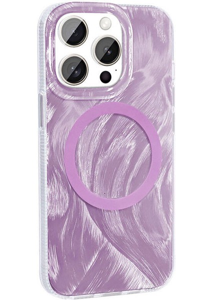 Appfube iPhone 15 Pro Max Uyumlu App Kılıf Magsafe Şarj Özellikli Fırça Boya Desenli Zore Palet Kapak-Pembe