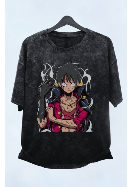 Oversize Monkey Luffy One Piece Ex0 Baskılı Yıkamalı T-Shirt, Unisex Anime Baskılı Retro Tişört