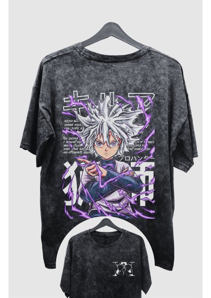 Oversize Hxh Killua Sırt Baskılı Yıkamalı T-Shirt, Unisex Anime Baskılı Eskitme Tişört