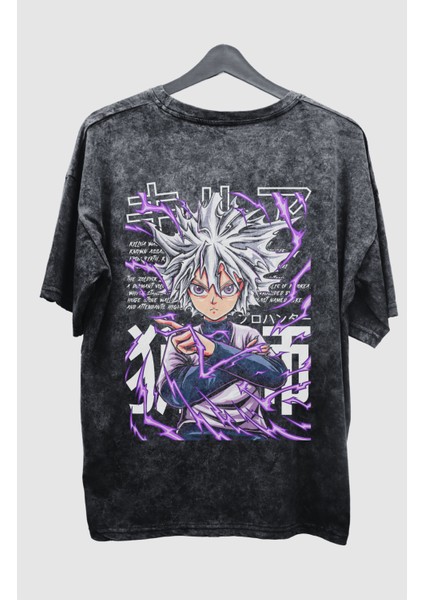Oversize Hxh Killua Sırt Baskılı Yıkamalı T-Shirt, Unisex Anime Baskılı Eskitme Tişört fiyatları